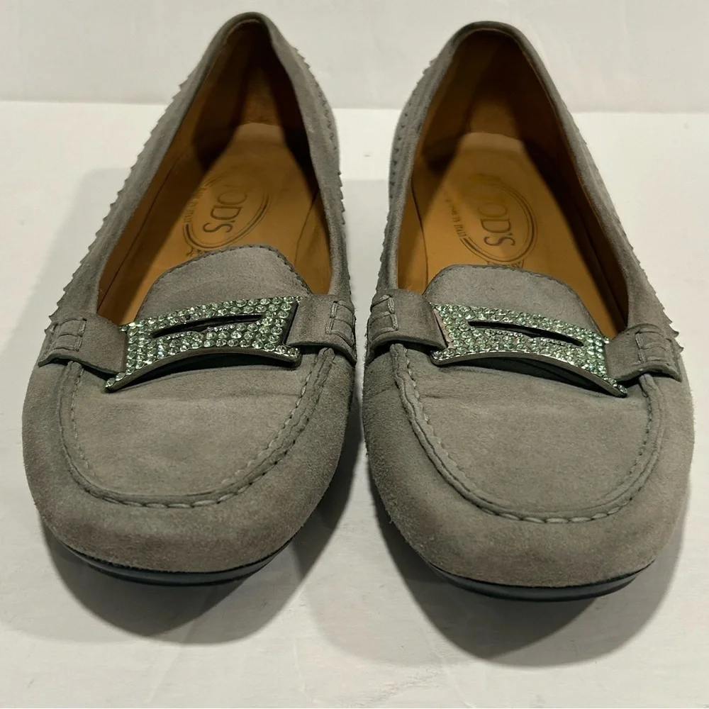 TOD’S Suede Leather Driving Loafers Rhinestone Crystal Buckle, Gray, Sz 9.5 - Picture 2 of 14